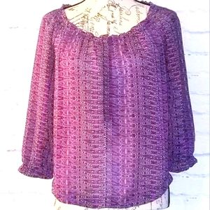 American Eagle Purple White   Geometric Pattern, 3/4 Sleeved Blouse, XS